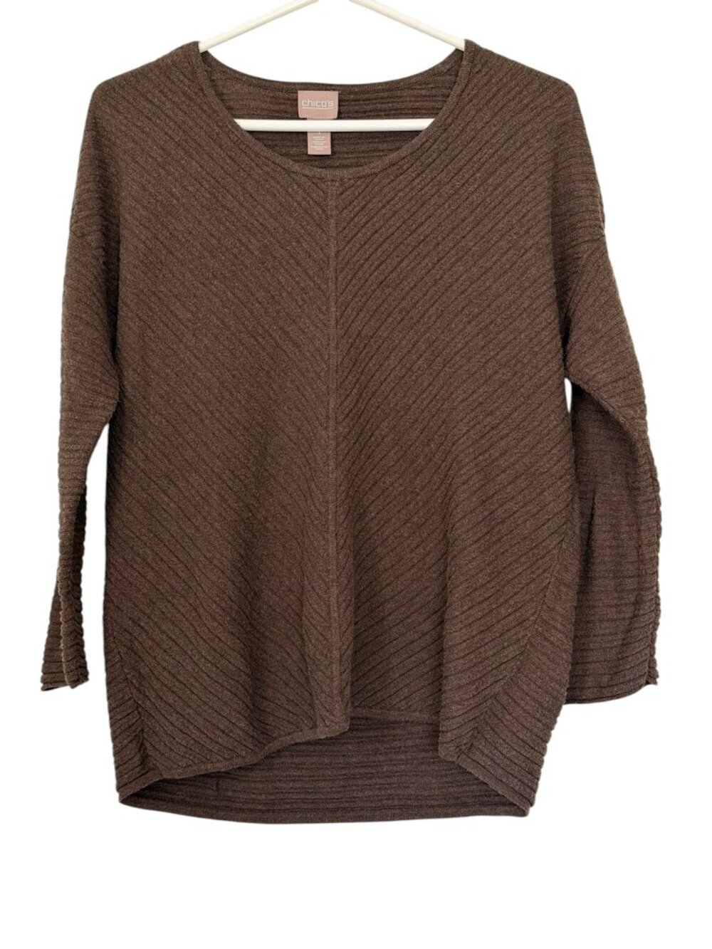 Chico Diagnonal Rib Chrevon Cotton Knit Sweater Center Seam High Low Brown 1/M